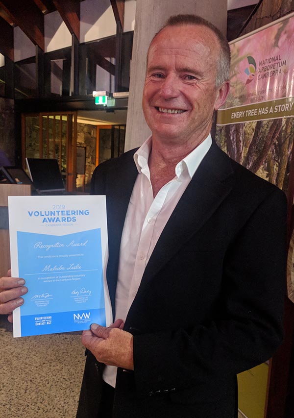 Early Morning Centre Volunteer Malcolm Leslie at the 2019 ACT Volunteering Awards